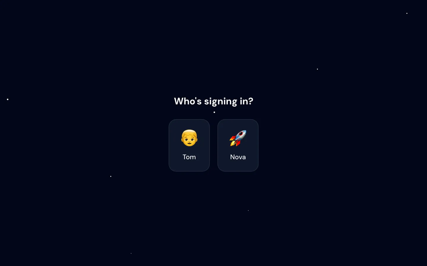 Boring Clock sign-in on a starfield: Who's signing in? above two kid profile tiles.