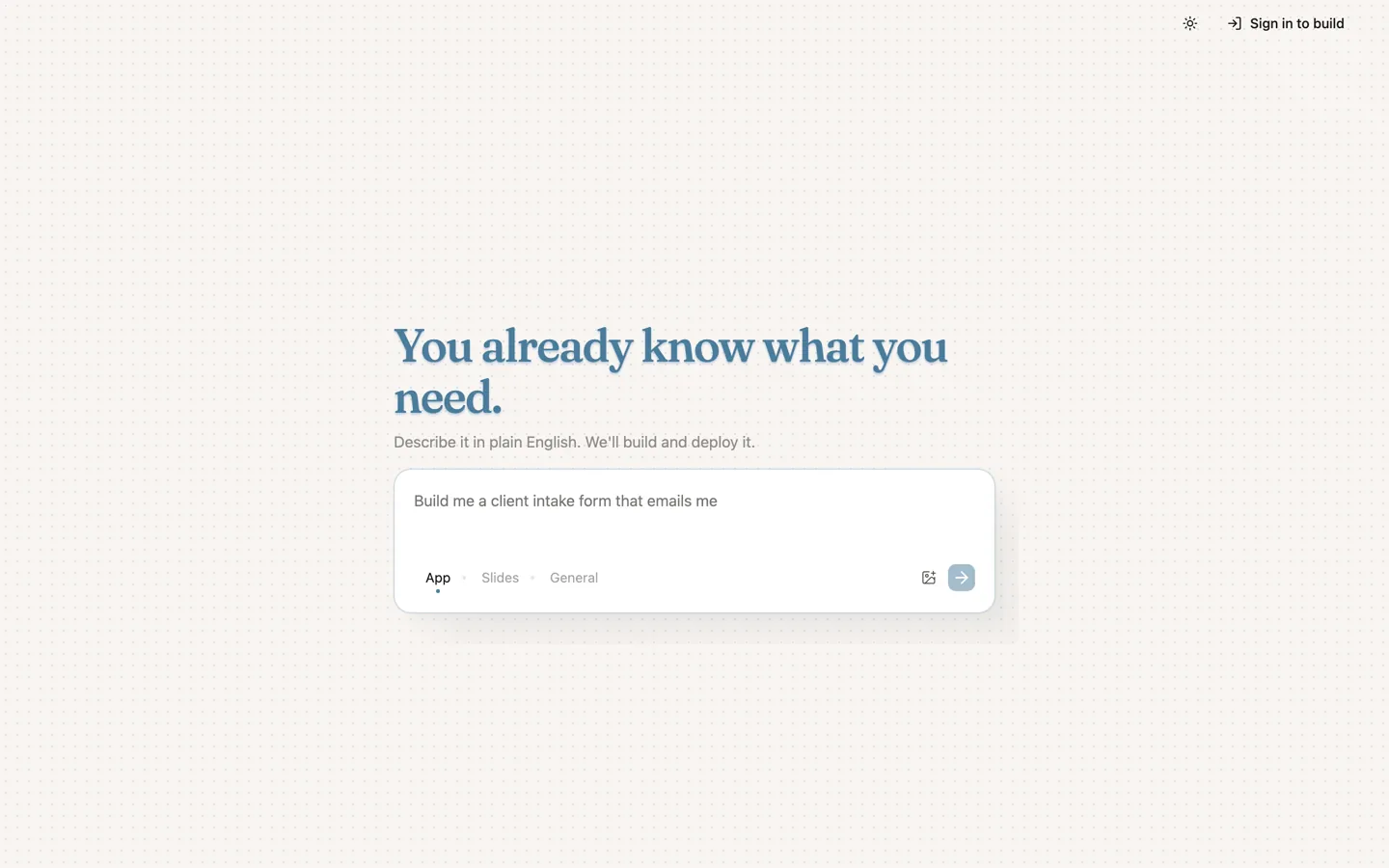 BoringBuilder start screen: the headline You already know what you need above a single plain-language prompt box for describing the app to build.