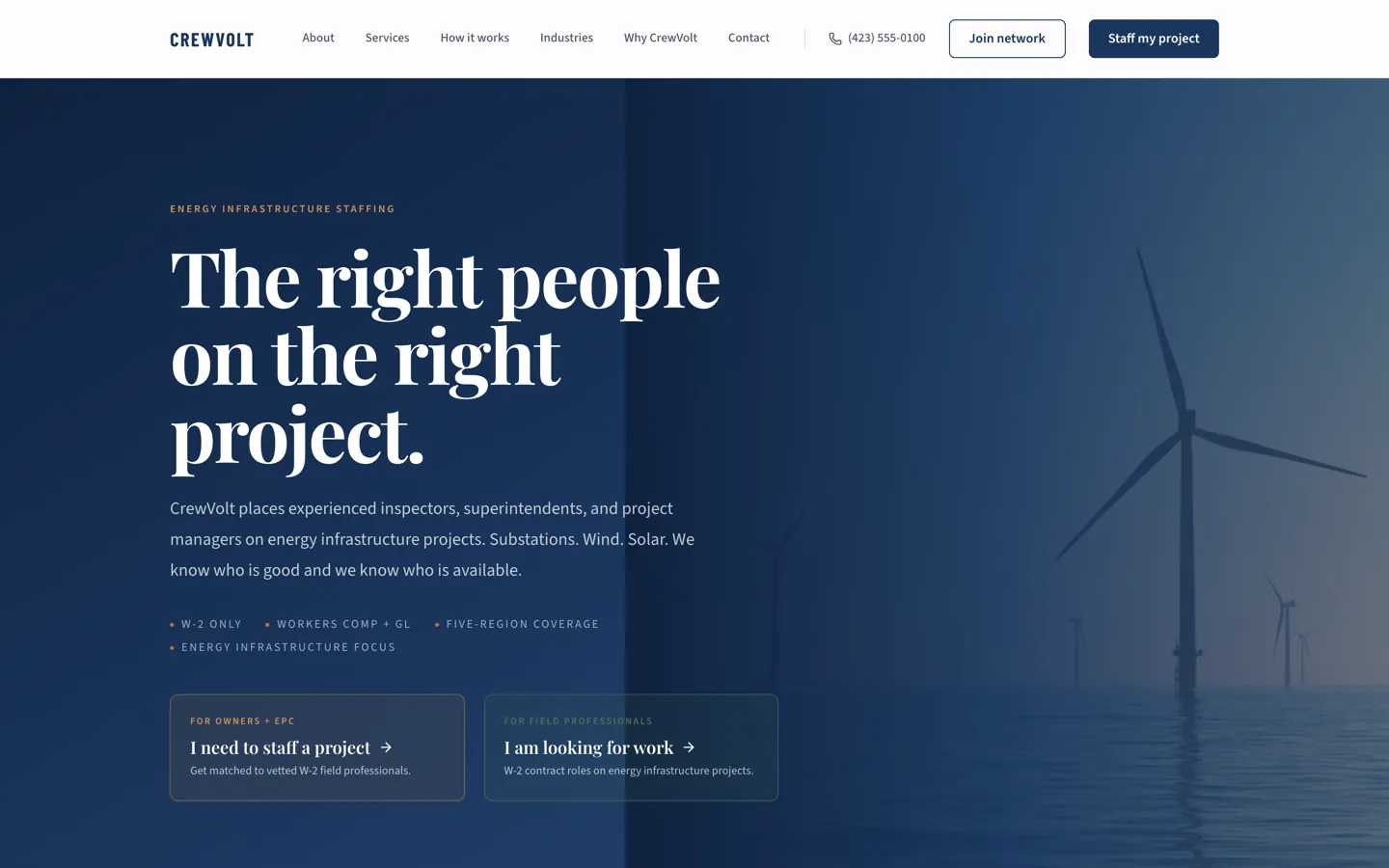 CrewVolt homepage: The right people on the right project over a wind-farm photograph, with paths for staffing a project and finding work.
